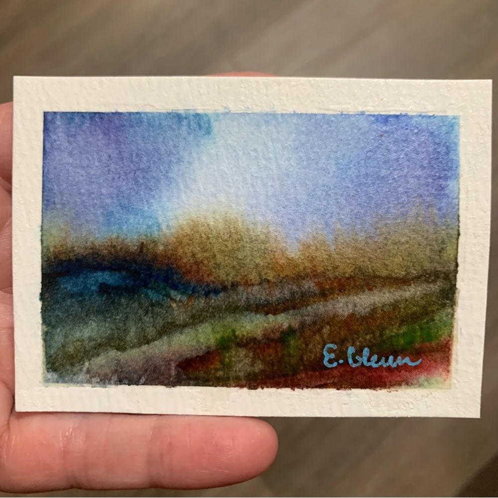 ACEO miniature Art Abstract Landscape Watercolor Painting in Blue and Brown